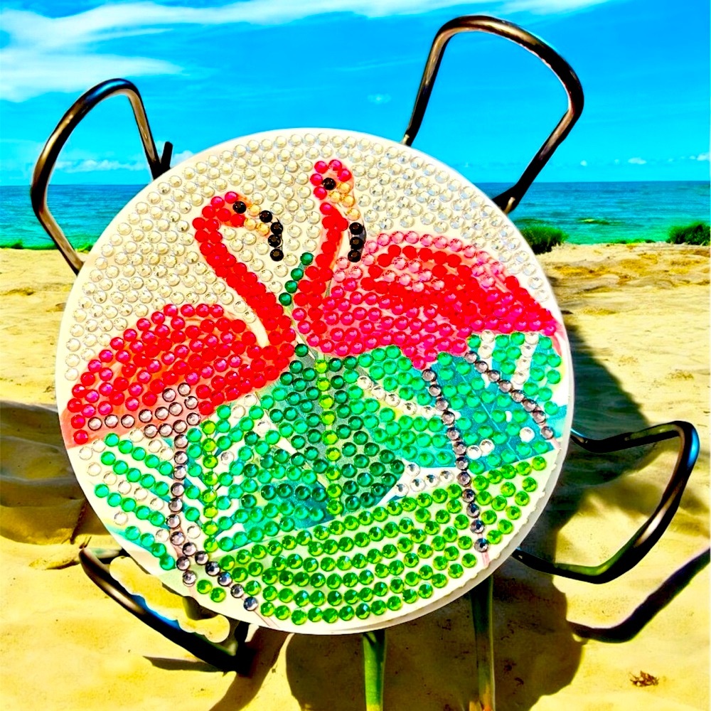 Flamingo Coaster Set of 4 with Holder Diamond Art Painted & Sealed Hand Crafted - Picture 4 of 4